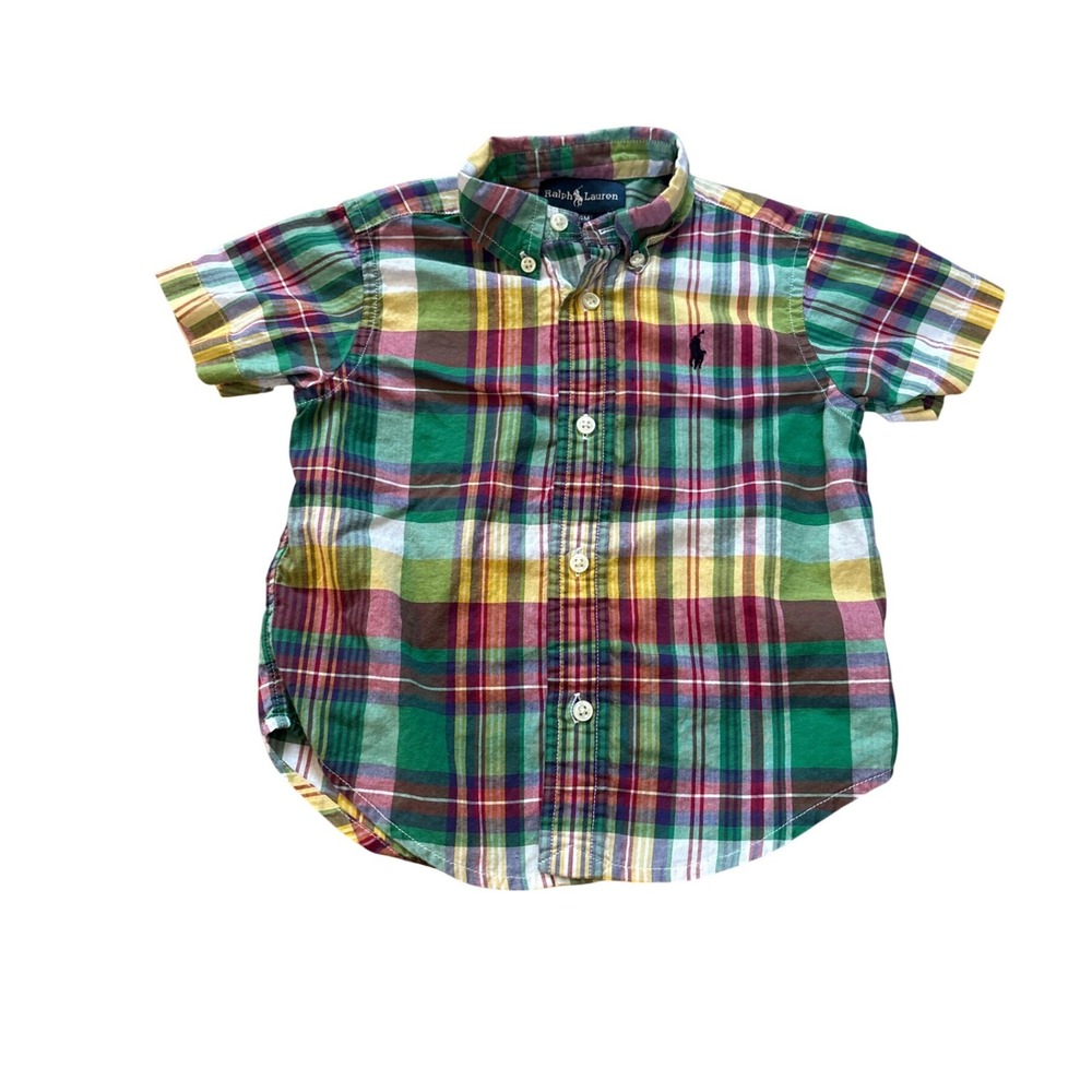 Ralph‎ Lauren Plaid Button Down Shirt Kids Multi Color Short Sleeve SIZE 24M